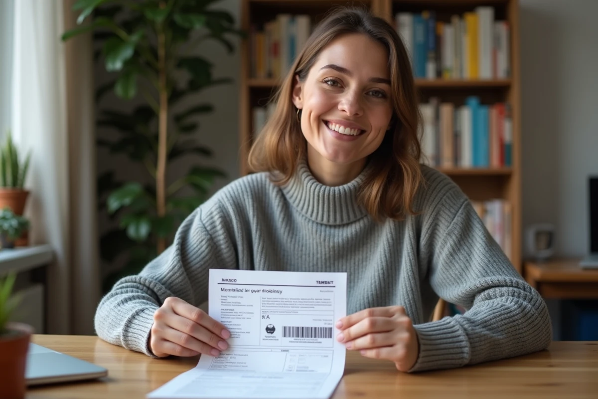 Femme dans un bureau à domicile peelant une étiquette Mondial Relay