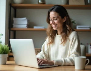 Femme publiant une petite annonce en ligne depuis son bureau à domicile sur un ordinateur portable