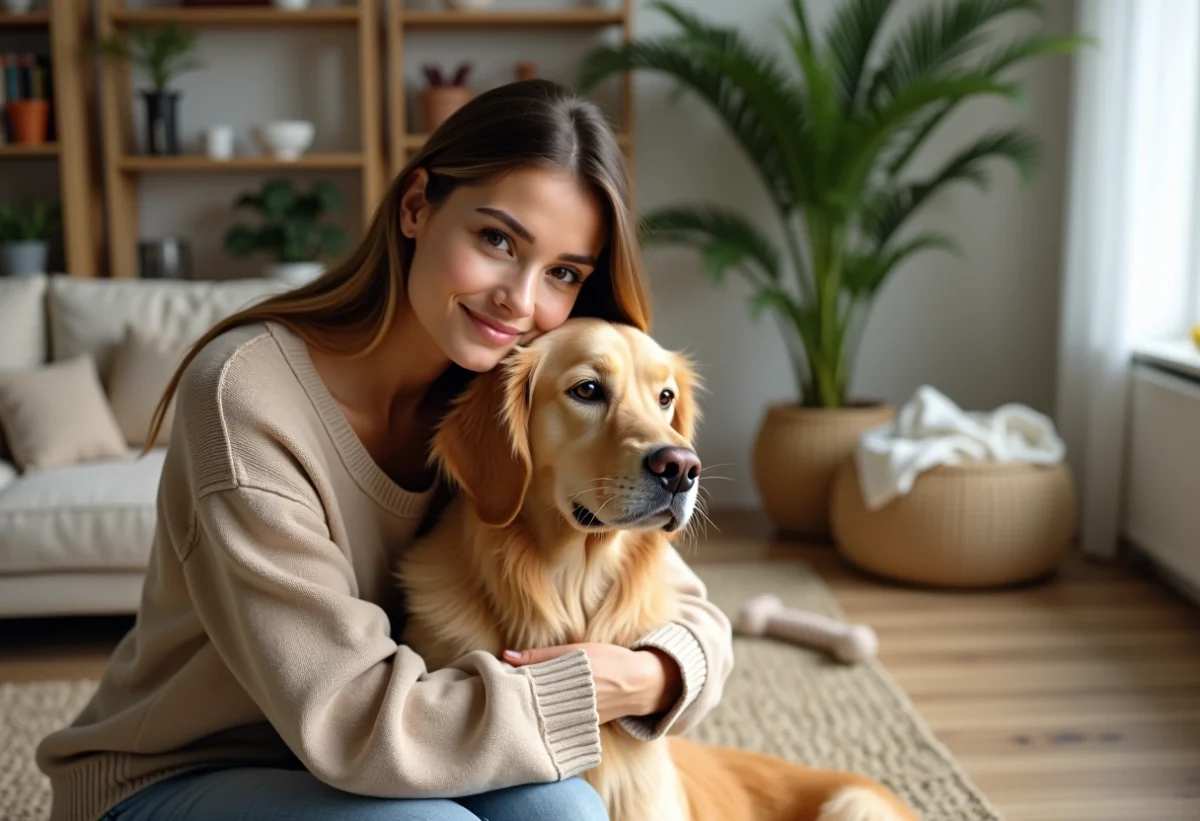 Jeune femme avec chien retriever dans un salon accueillant