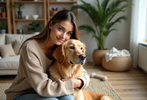 Jeune femme avec chien retriever dans un salon accueillant