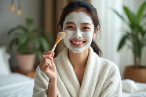 Femme appliquant un masque facial dans une chambre paisible
