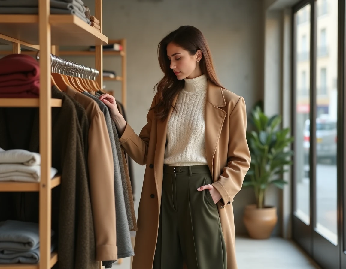 Femme élégante en manteau camel feuilletant des vêtements tendance dans une boutique concept parisienne minimaliste