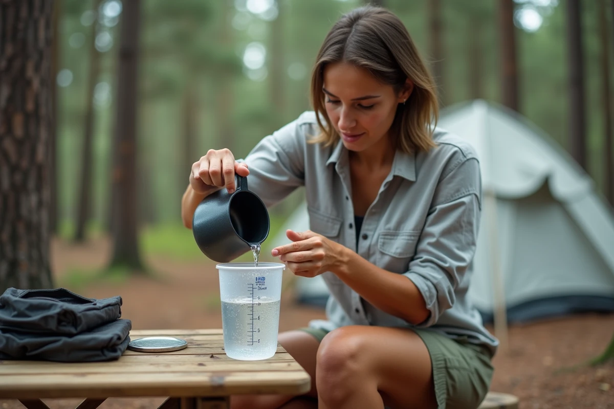 Femme au camping versant de l'eau dans un verre doseur gradué à 400 ml sur une table pliante en bois entourée de pins