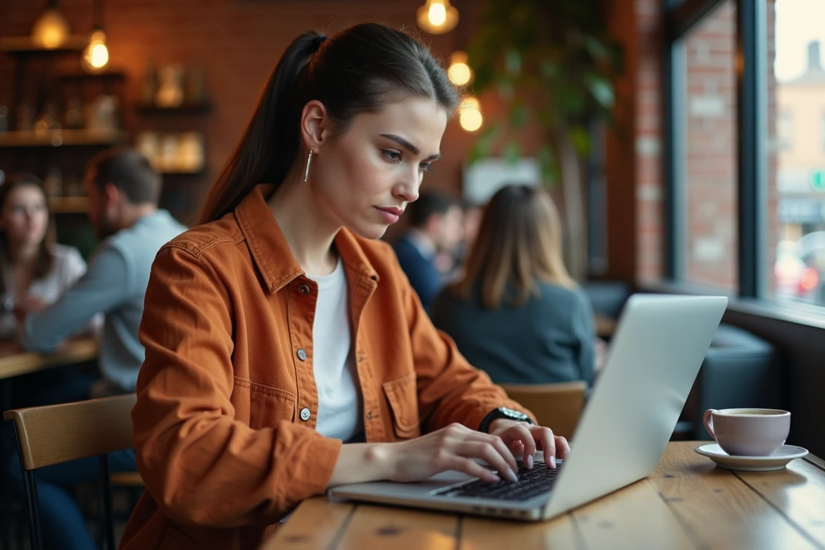 Jeune femme utilisant un VPN dans un café public pour protéger ses données personnelles sur un réseau Wi-Fi non sécurisé