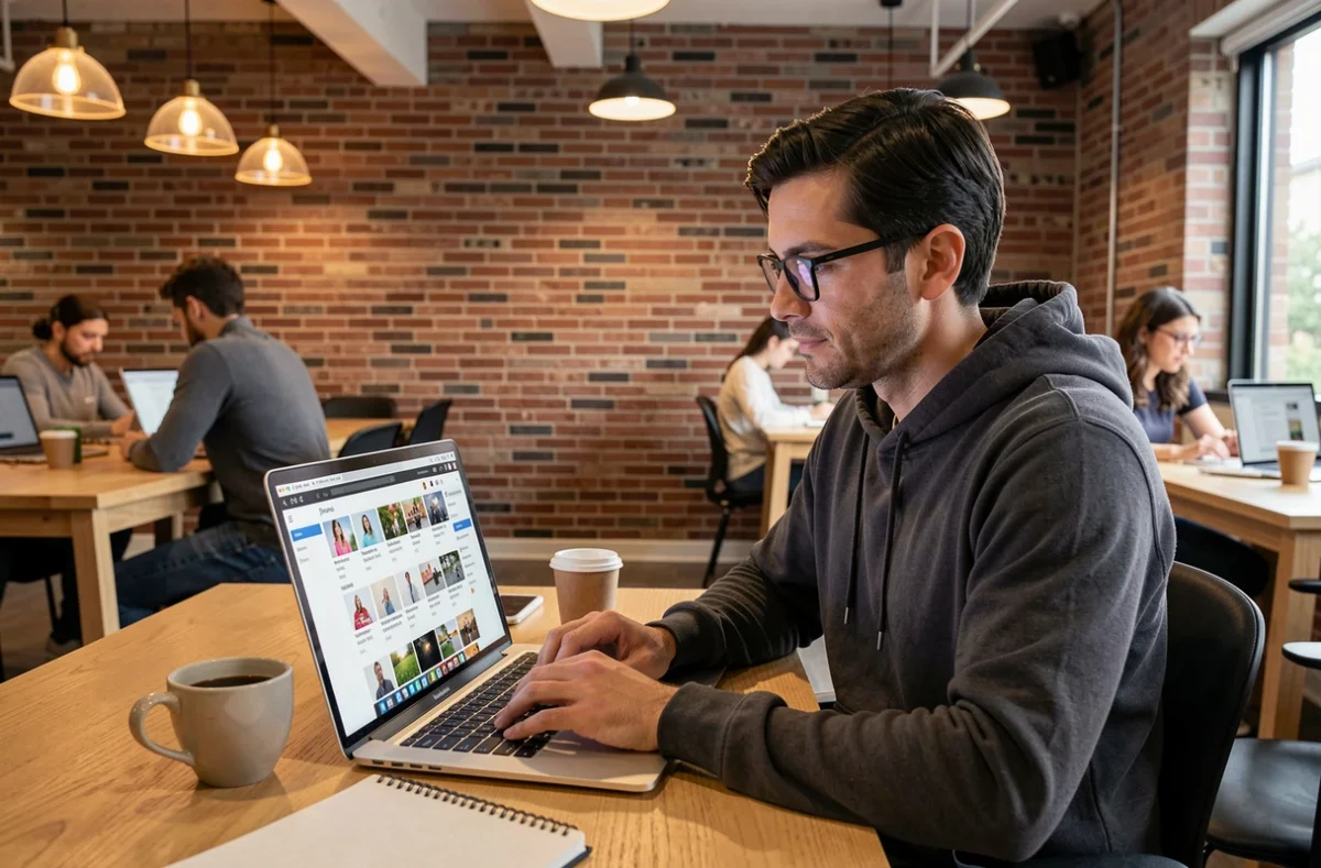 Homme en espace de coworking utilisant un site gratuit pour trouver des GIF animés sur son ordinateur portable