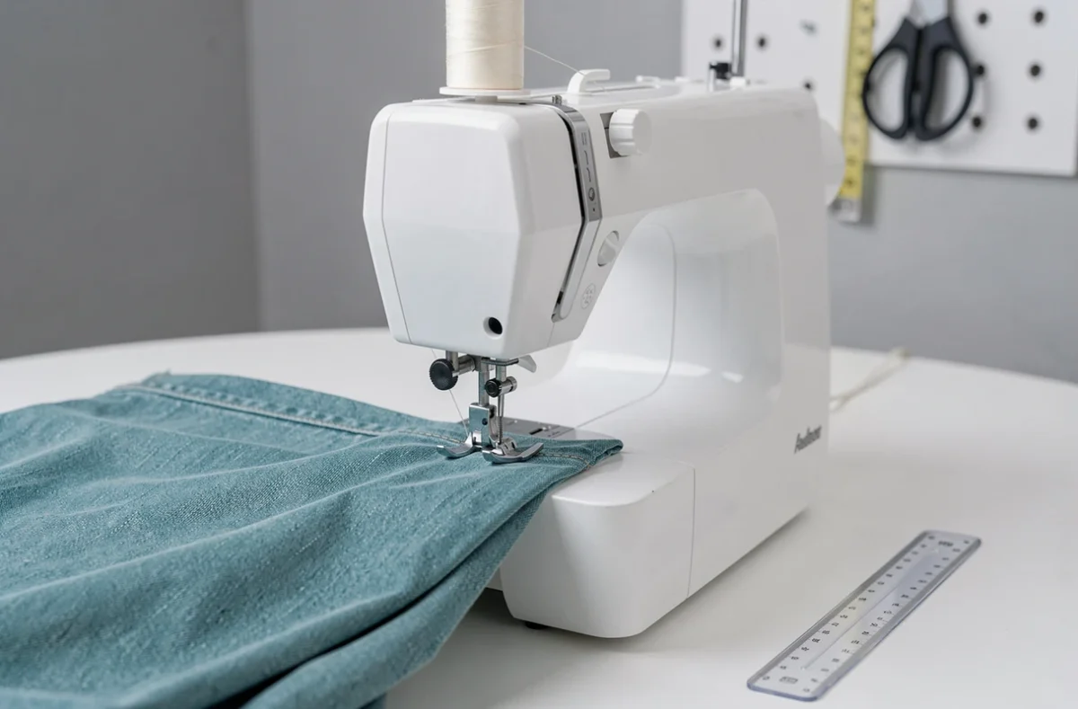 Gros plan sur la zone d'aiguille d'une machine à coudre Brother KE14 cousant du tissu denim teal sur une table blanche