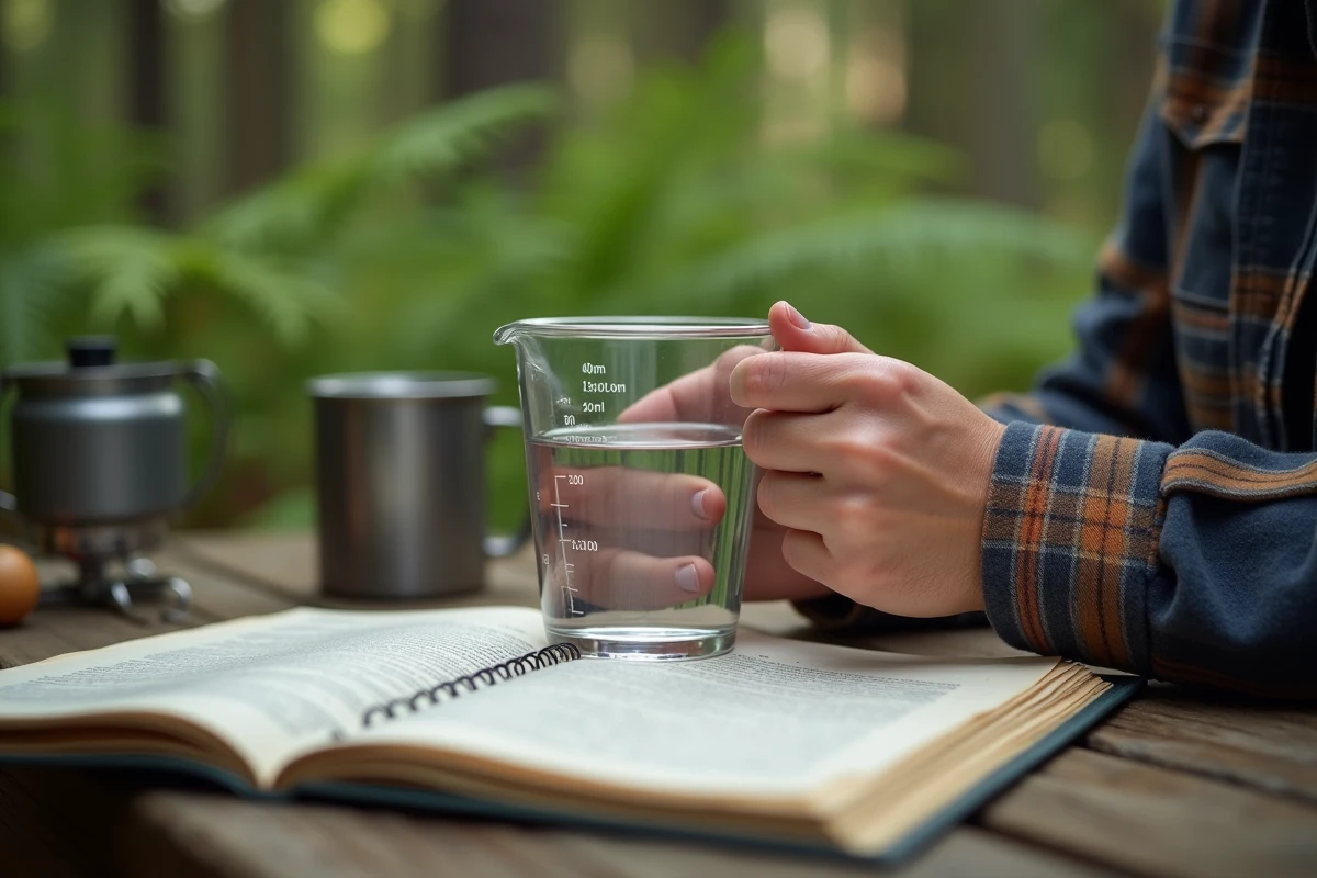 Gros plan sur un verre doseur transparent indiquant 400 ml tenu à la main près d'un livre de recettes sur une table de pique-nique en forêt