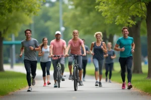 Groupe divers pratiquant sport en plein air dans un parc