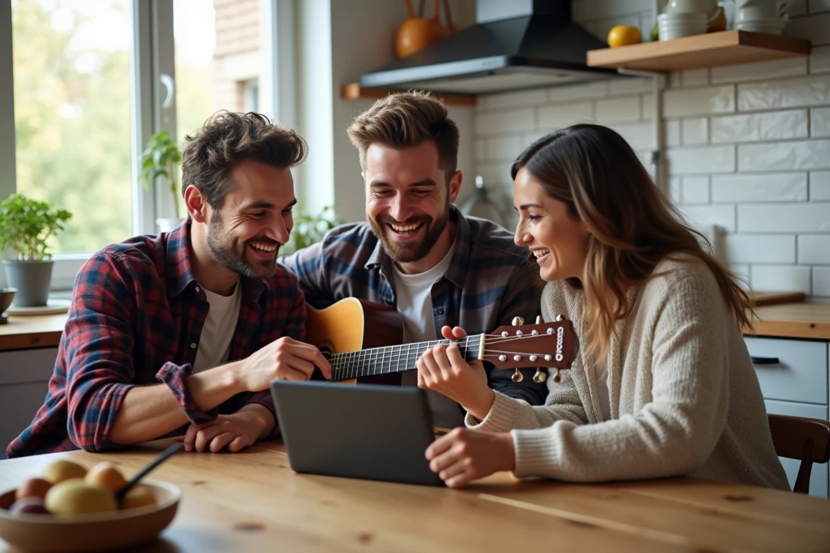 Groupe d'adultes apprenant le futur en espagnol ensemble grâce à la musique et aux chansons populaires dans une cuisine moderne