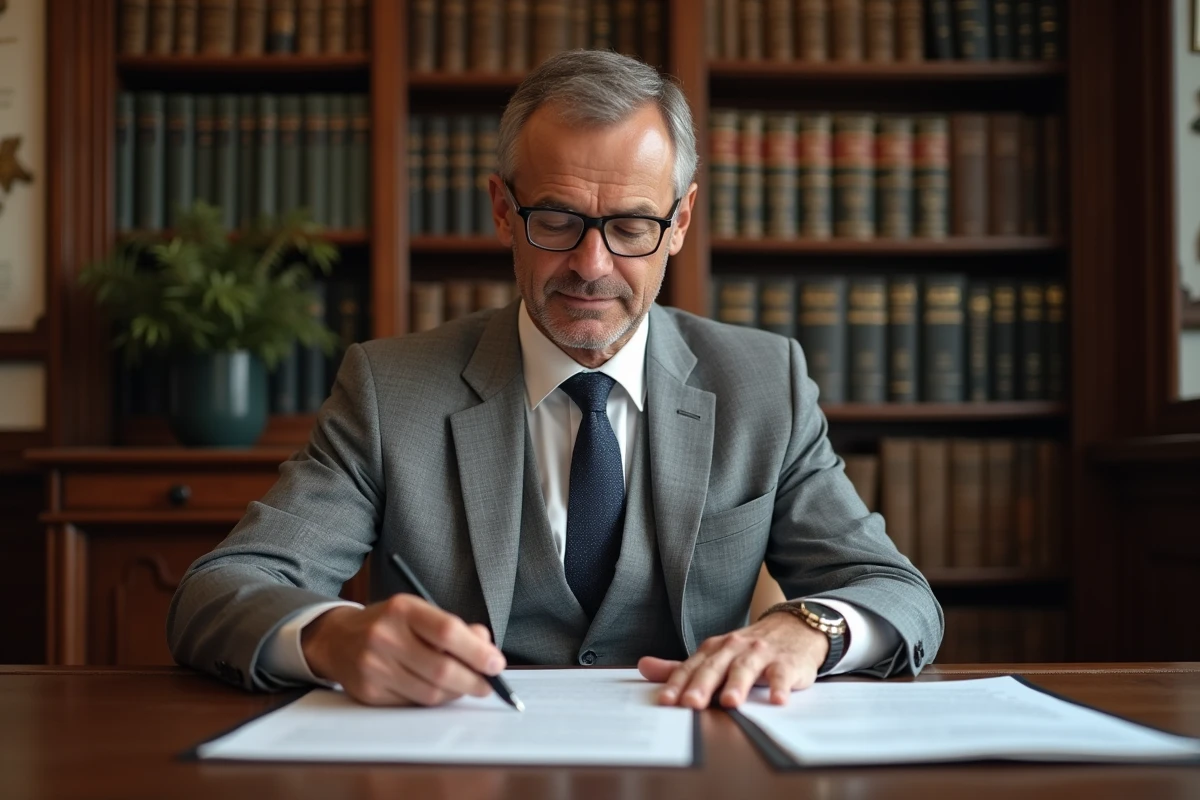 Homme d'affaires signant un contrat d'investissement immobilier dans le bureau d'un notaire français