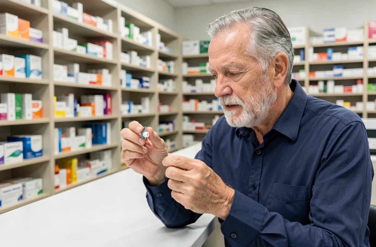Un homme âgé examine un appareil auditif intra-auriculaire dans une pharmacie moderne