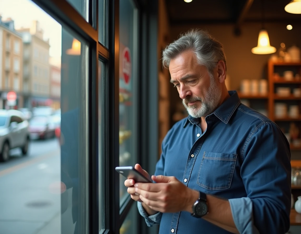 Homme consultant des annonces en ligne sur smartphone depuis sa boutique avec vue sur la rue