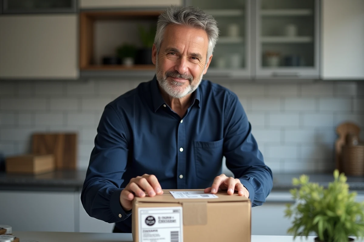 Homme attachant une étiquette Mondial Relay à un colis dans la cuisine