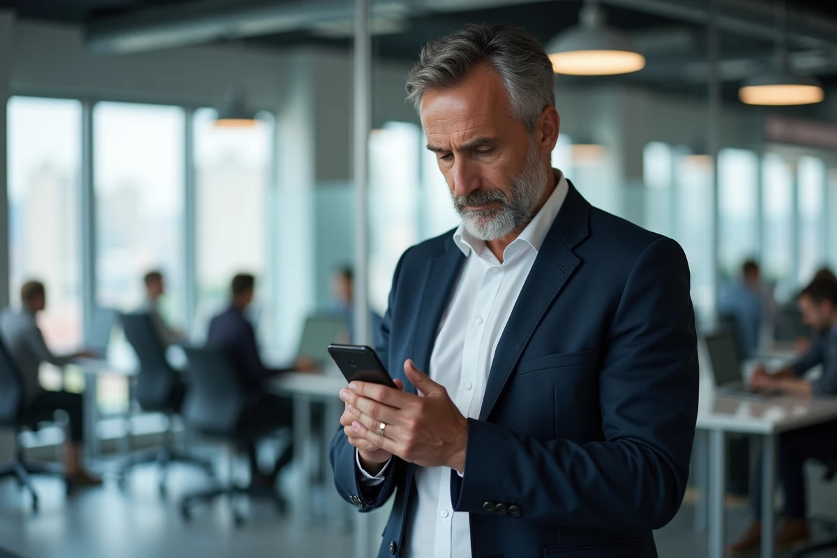 Homme vérifiant une authentification à deux facteurs sur son smartphone dans un bureau pour sécuriser ses comptes en ligne