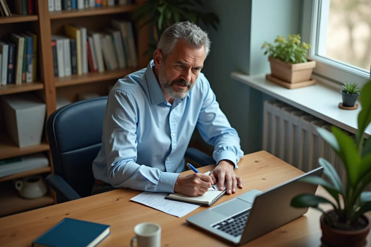 Homme d age moyen écrit son budget dans un bureau cosy