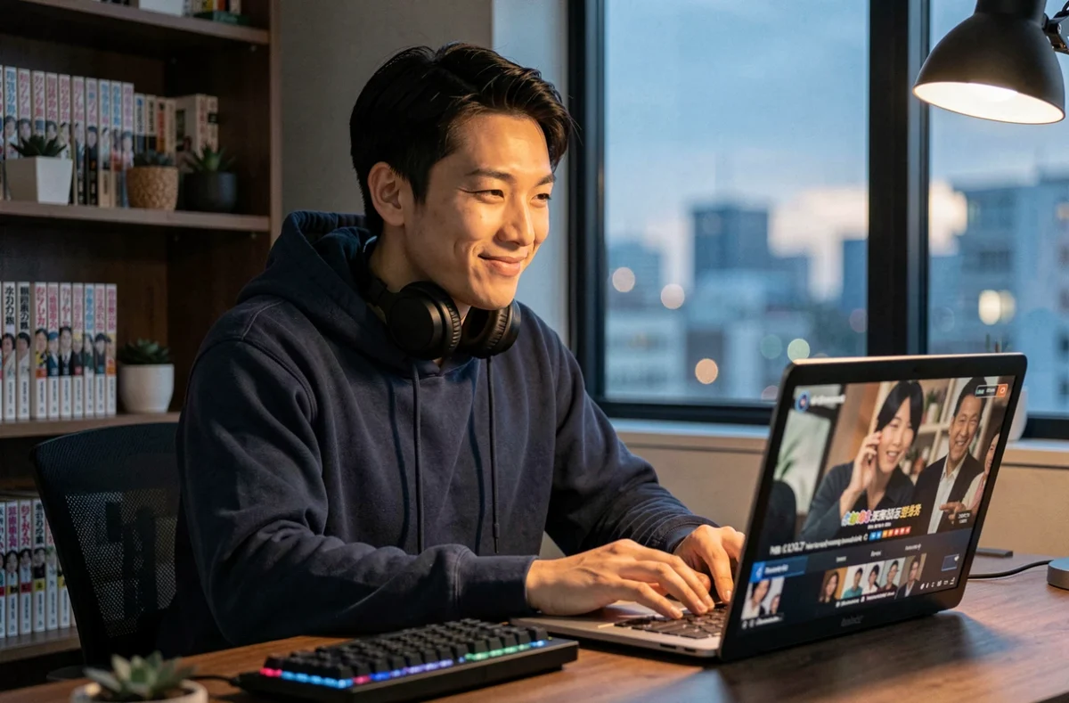Homme regardant un drama asiatique en streaming sur un ordinateur portable dans un bureau moderne