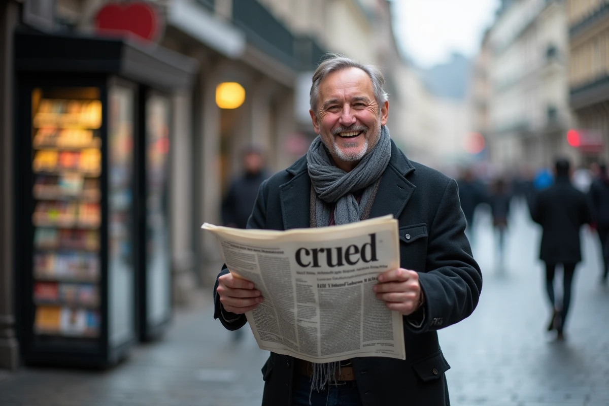 Homme souriant tenant un journal avec des titres insolites dans une rue animée de la ville