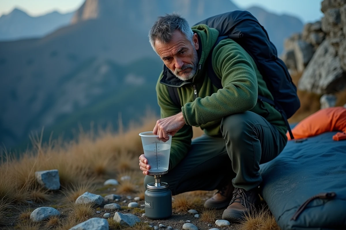Homme en veste polaire tenant un verre doseur à hauteur des yeux pour mesurer 400 ml lors d'un camping en montagne