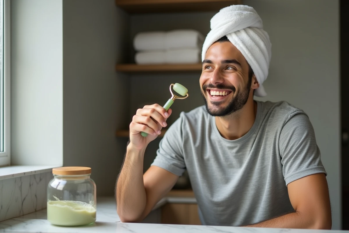 Homme utilisant un rouleau de jade dans sa routine beauté