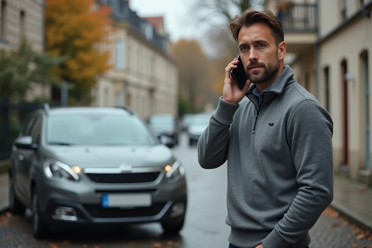 Homme téléphonant à son assureur AXA après un sinistre automobile dans une rue résidentielle française