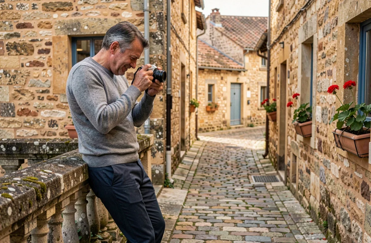 Homme photographiant une ruelle médiévale en Périgord, tourisme culturel et aventure photographique en France rurale