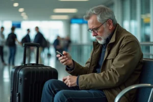 Homme d'âge moyen examinant un cadenas TSA 007 à l'aéroport