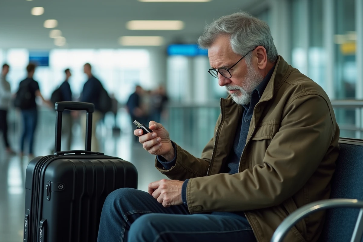 Homme d'âge moyen examinant un cadenas TSA 007 à l'aéroport