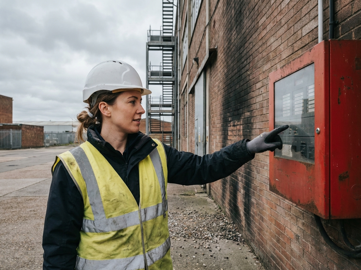 Ingénieure en sécurité incendie inspectant un tableau d'alarme incendie sur la façade d'un bâtiment industriel