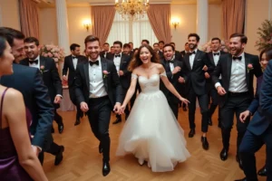 Groupe de mariés jouant au jeu des 12 mois lors d'un mariage