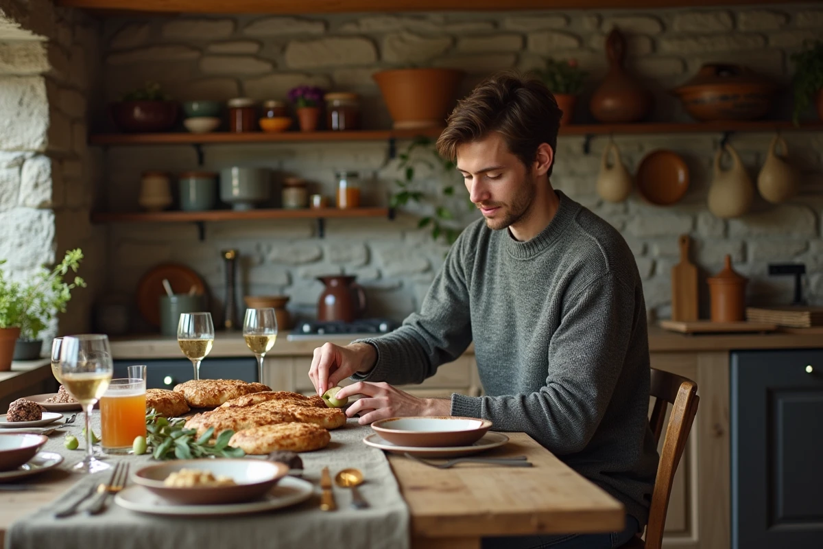 Jeune breton en cuisine préparant des galettes de sarrasin
