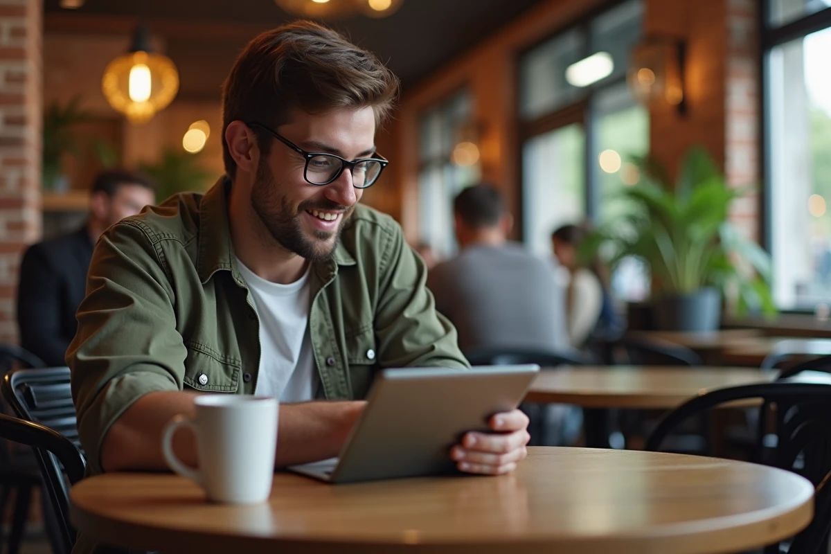 Jeune homme au café comparant des sites de streaming sur une tablette