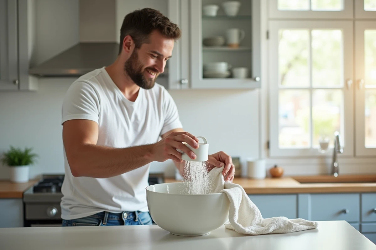 Jeune homme versant du bicarbonate dans un bassin de lavage