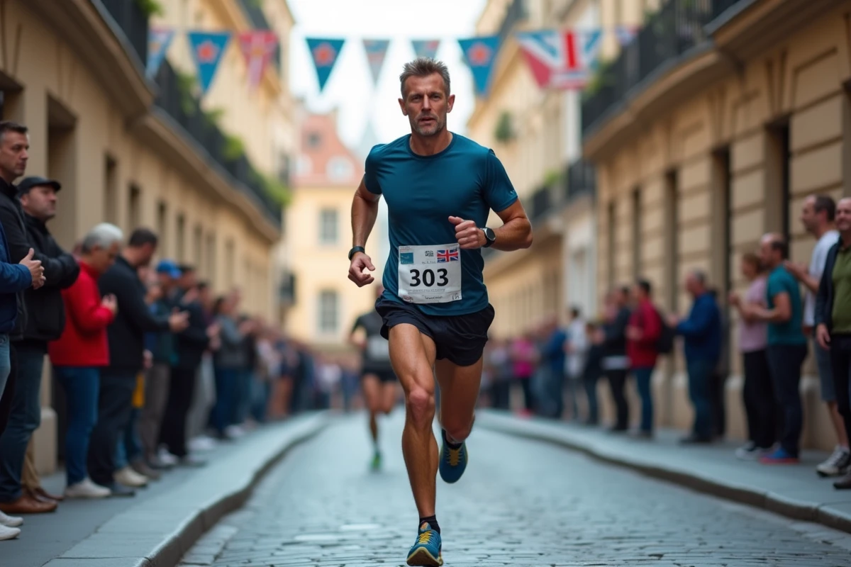 Marathonien passant dans une rue historique de France