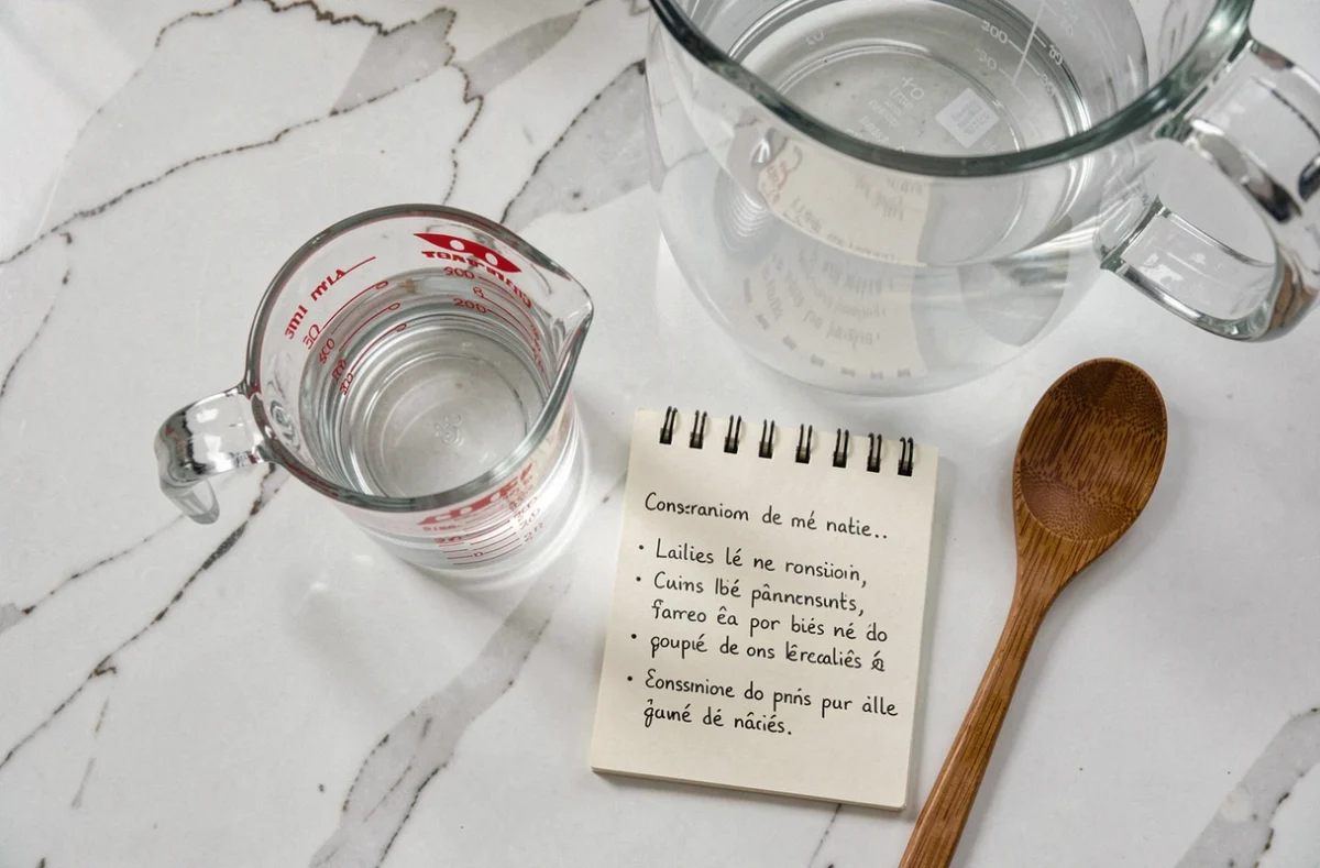 Vue de dessus d'une tasse graduée de 300 ml, un pichet d'un litre et des notes de conversion sur une surface en marbre blanc dans une cuisine
