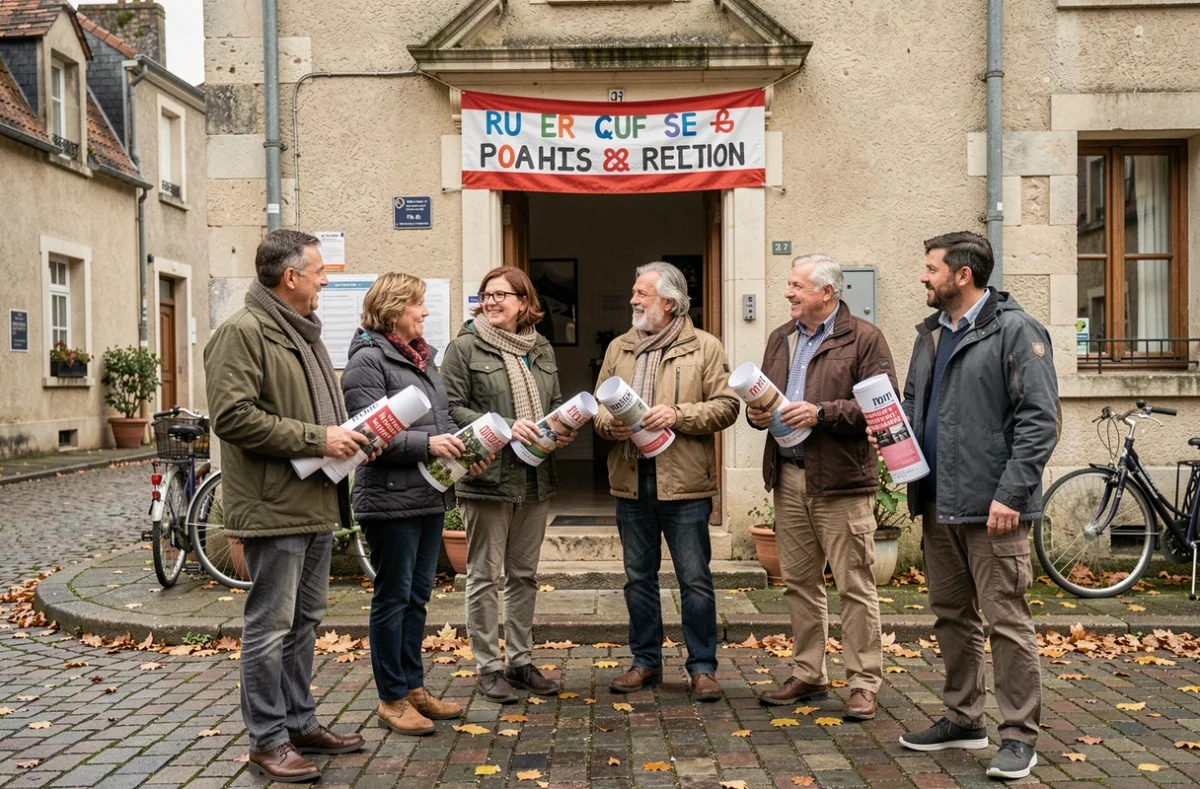Groupe de militants du mouvement Les Patriotes réunis devant une salle de réunion lors d'une action politique locale en France
