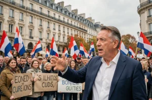 Discours d'un militant du mouvement Les Patriotes lors d'un rassemblement politique en plein air dans une place publique française
