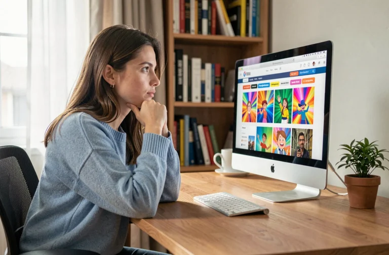 Jeune femme cherchant des images GIF animées gratuites sur un site web depuis son bureau à domicile