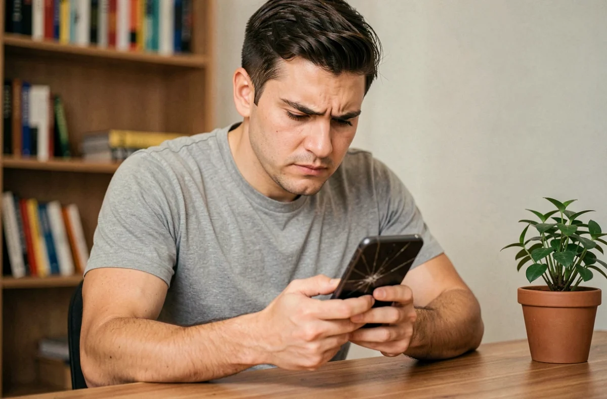 Homme réparant un smartphone Android défaillant à son bureau à domicile, tenant l'appareil entre ses mains avec attention
