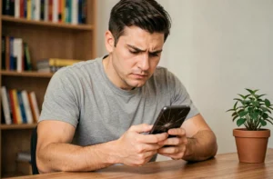 Homme réparant un smartphone Android défaillant à son bureau à domicile, tenant l'appareil entre ses mains avec attention