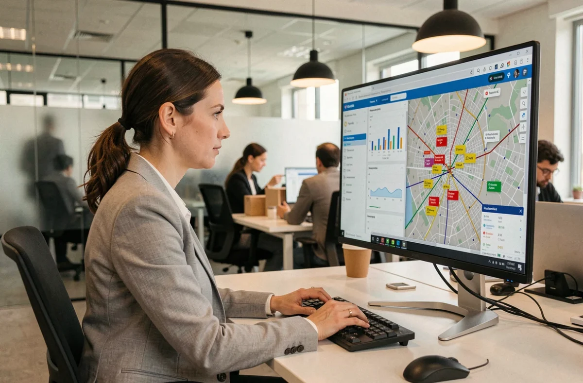 Responsable logistique analysant un tableau de bord de gestion de tournées d'intervention sur écran dans un bureau moderne