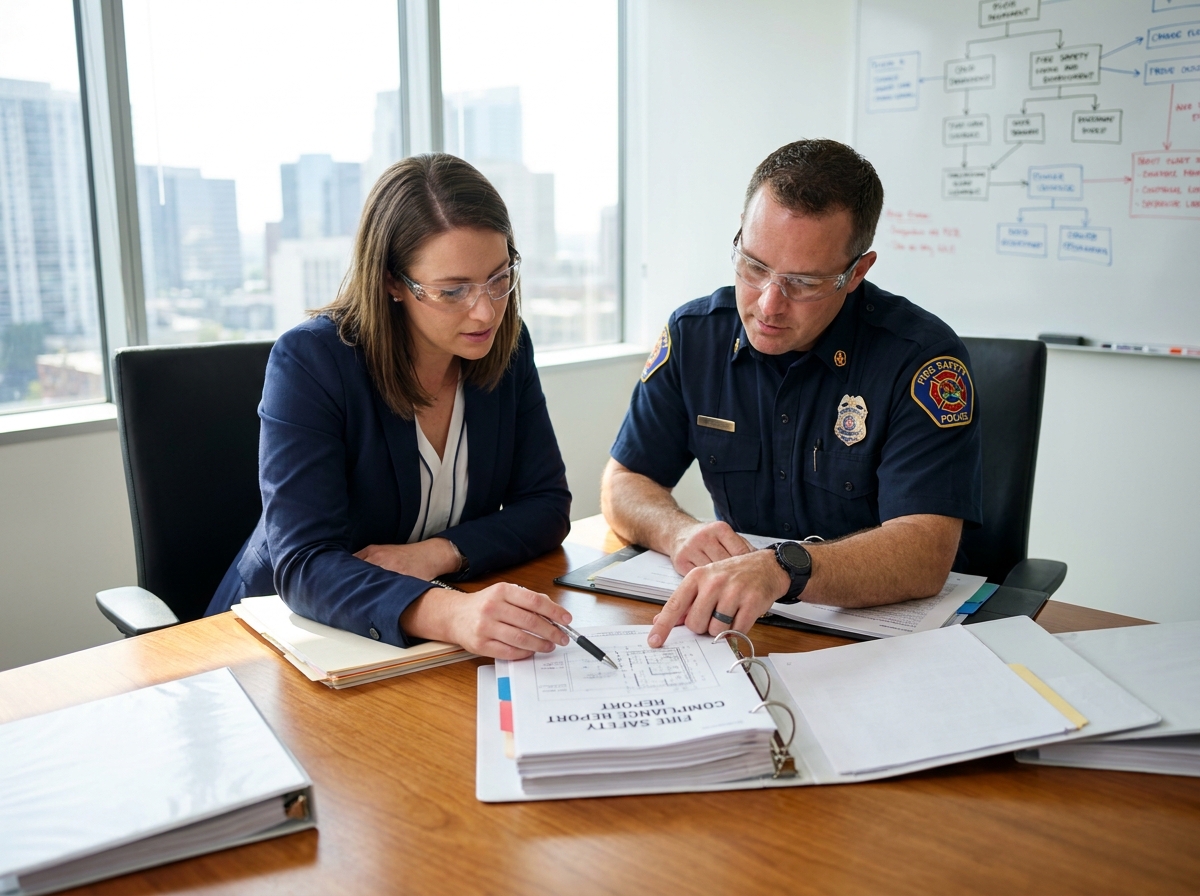 Consultant en sécurité incendie et responsable d'entreprise examinant un document de conformité lors d'une réunion