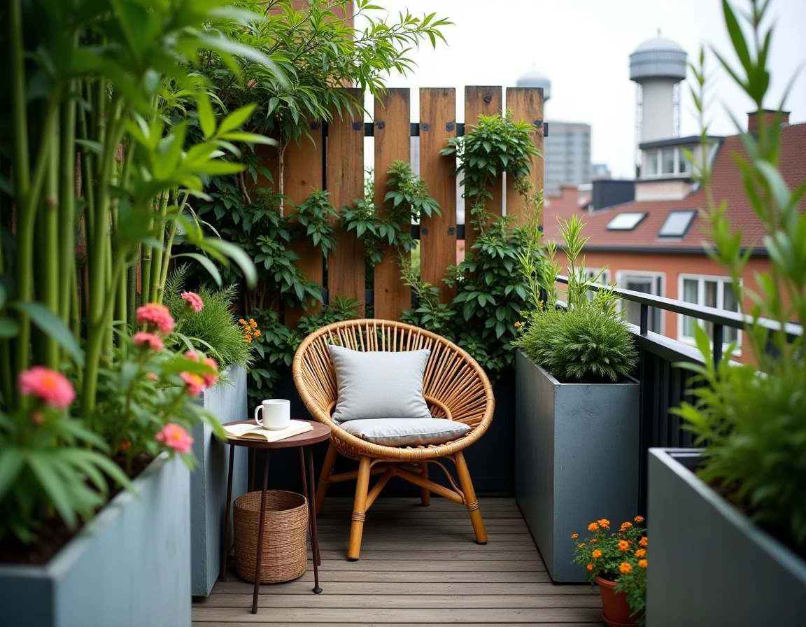 Petit rooftop végétalisé avec écran de bambou, fauteuil en rotin et mur d'herbes aromatiques pour un coin lecture intimiste