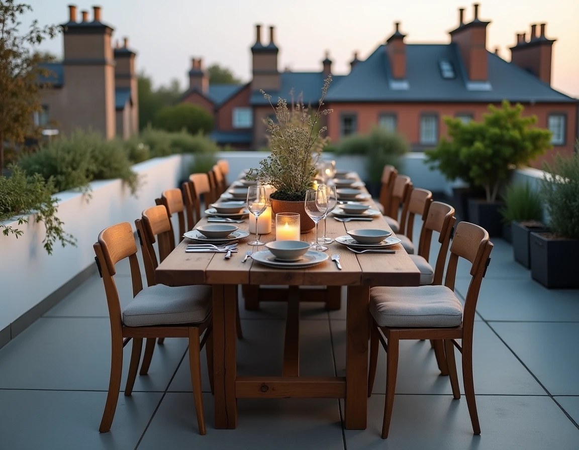 Table de repas en bois brut sur rooftop avec décoration botanique, bougies et chaises vintage pour un dîner en terrasse