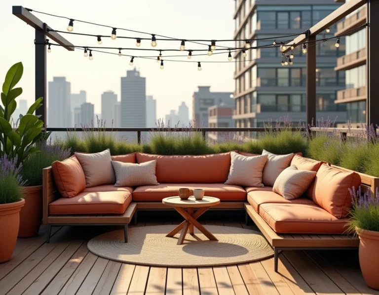 Terrasse rooftop urbaine aménagée avec canapé en bois, coussins terracotta, plantes méditerranéennes et vue sur la ville