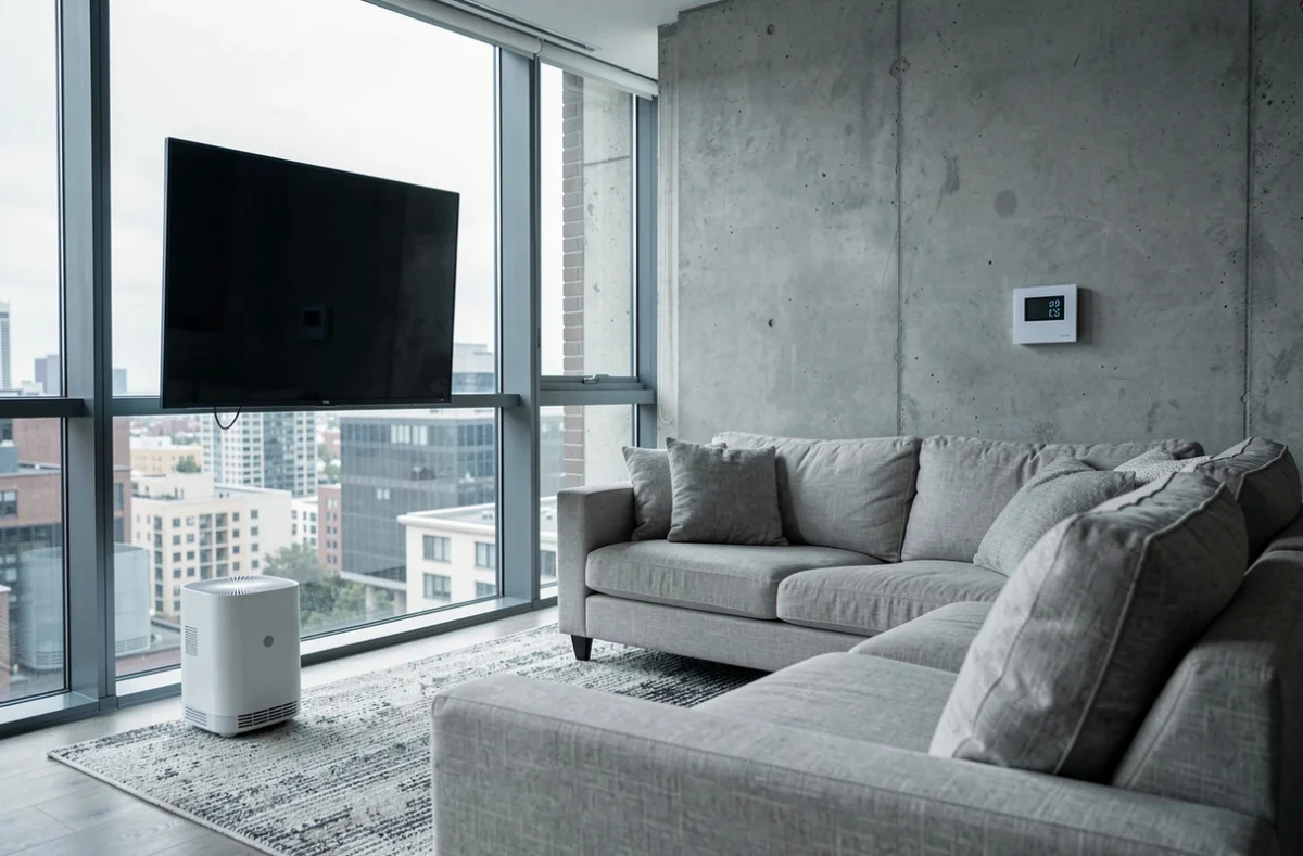 Salon contemporain avec téléviseur mural, purificateur d'air et thermostat connecté dans un appartement urbain