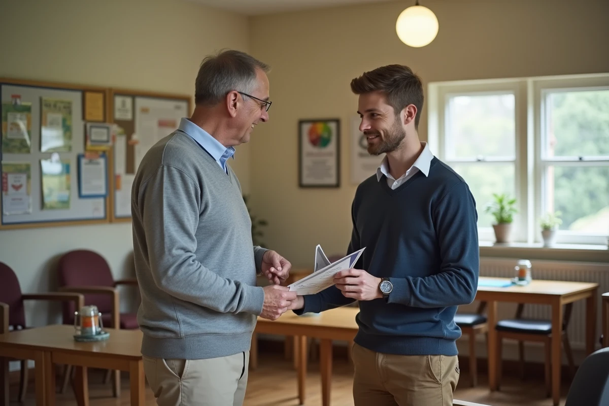 Jeune travailleur social donnant un flyer à un homme âgé