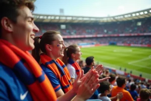 Jeunes supporters en stade avec maillots et écharpes