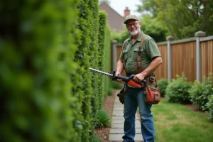 Homme d'âge moyen taillant une haie dans un jardin verdoyant