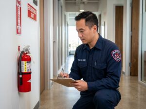 Technicien en sécurité incendie inspectant un extincteur dans un couloir de bureau moderne