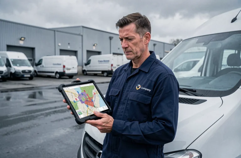 Technicien terrain consultant une application de gestion de tournées d'intervention sur tablette devant un véhicule de service